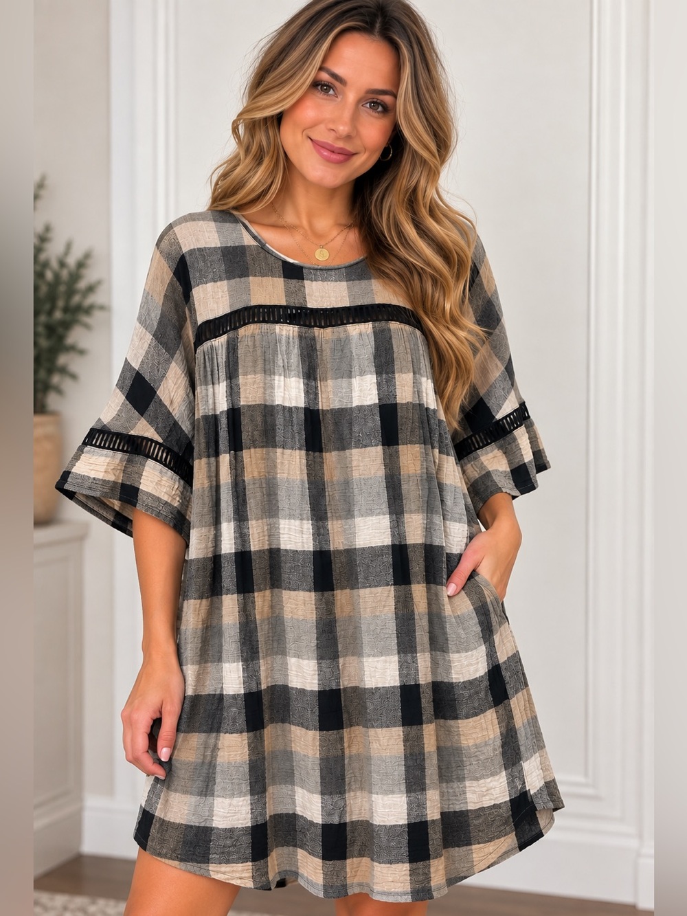 Maeve Anthropologie Plaid Babydoll Dress Small Boho Pockets